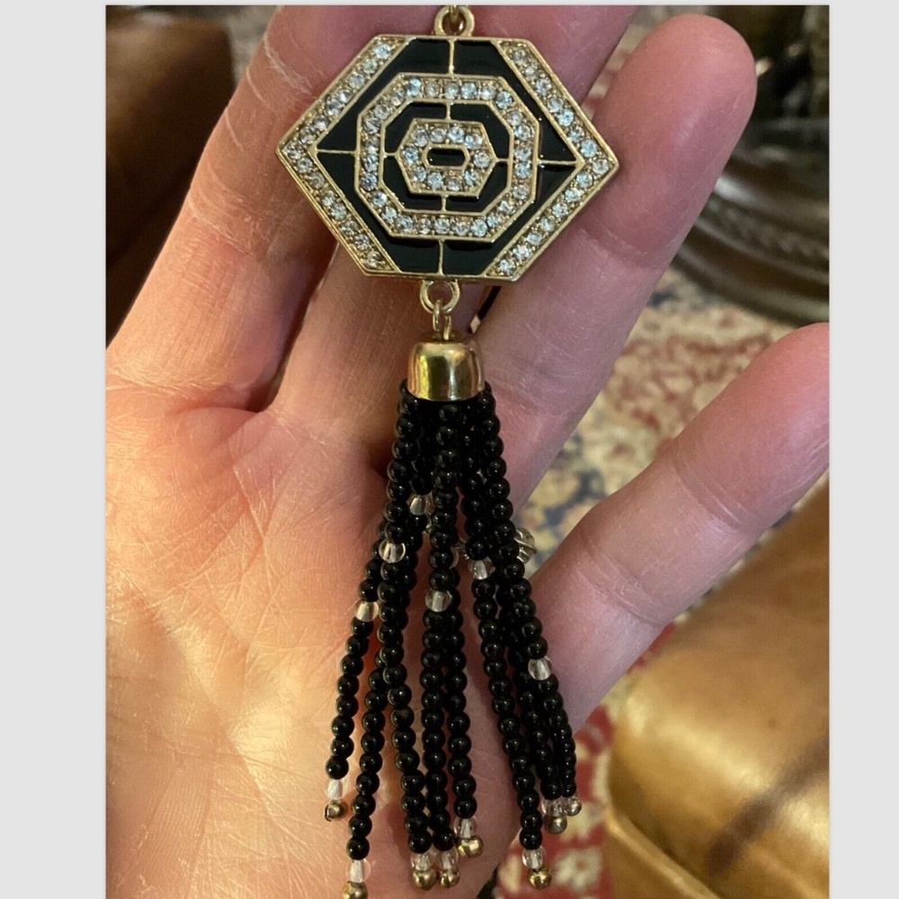 Gorgeous AVON JJH Goldtone & Black Bead Tassel 15” - 19” Necklace